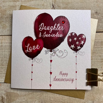 Daughter & Son-in-Law Anniversary Red Heart Balloons Card - White Cotton Cards