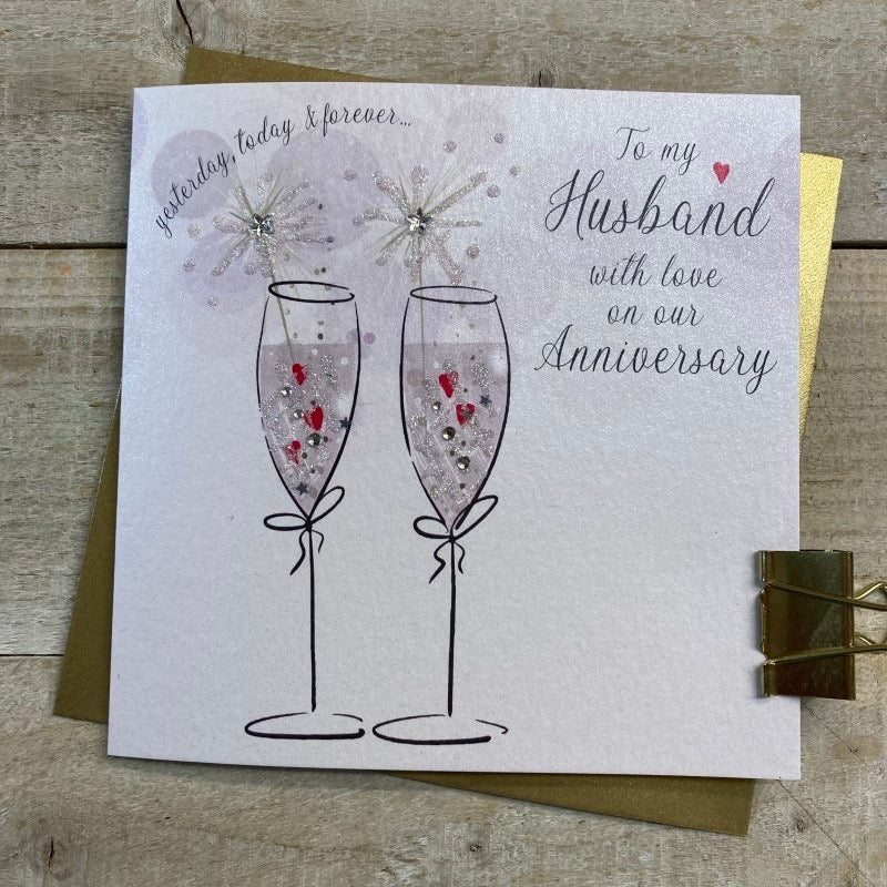Husband Anniversary Sparkling Glasses Card - White Cotton Cards
