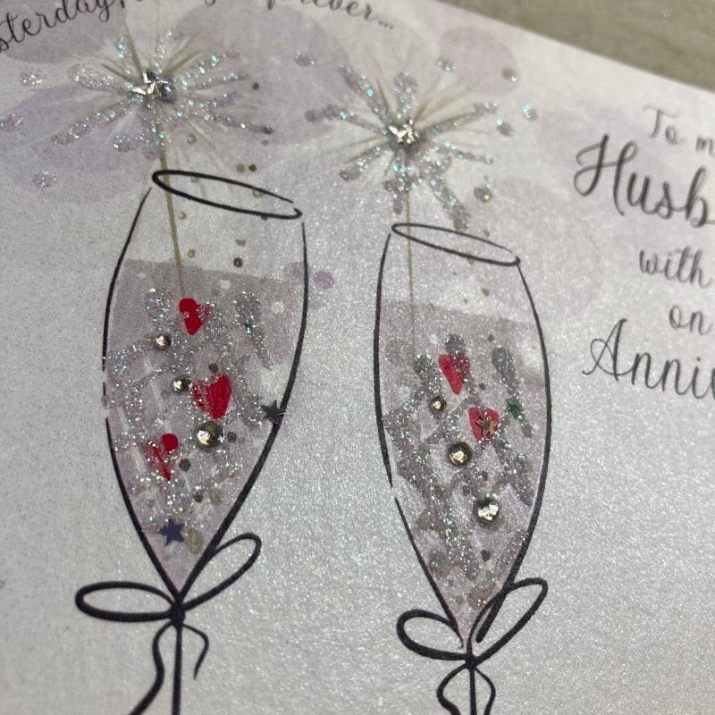 Husband Anniversary Sparkling Glasses Card - White Cotton Cards