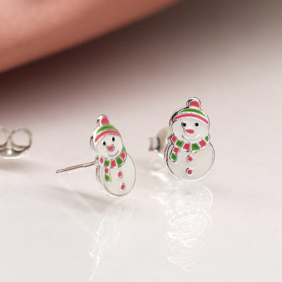 POM Sterling Silver Enamel Snowman Christmas Stud Earrings