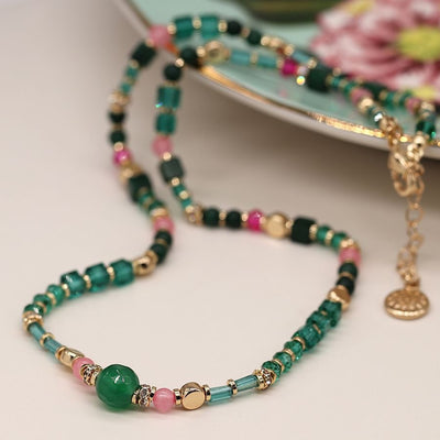 POM Pink & Emerald Green Mix Beaded Full Necklace