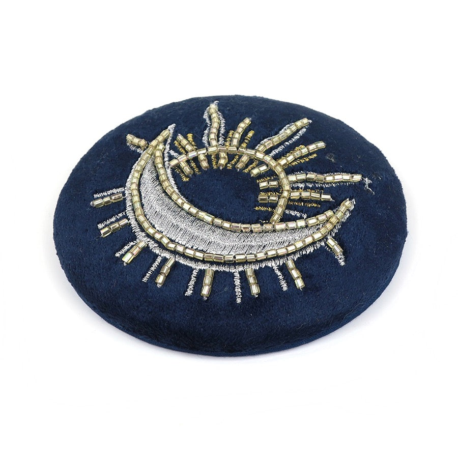 POM - Petrol Blue Velvet - Celestial Moon &amp; Sun - Embroidered Round Compact Mirror