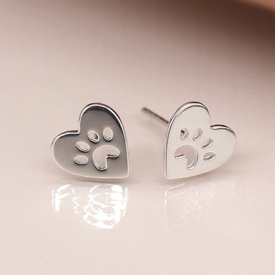 POM Sterling Silver Heart & Cut out Tiny Paw Print Stud Earrings