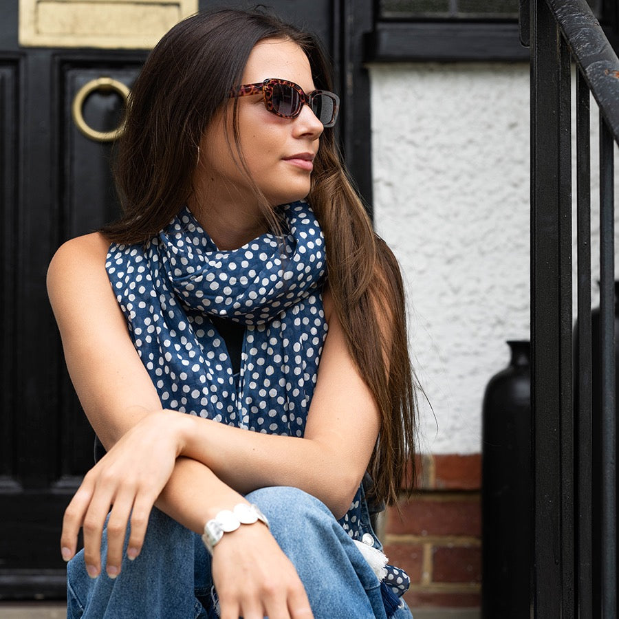 POM Navy Blue Polka Dot Scarf with Tassels