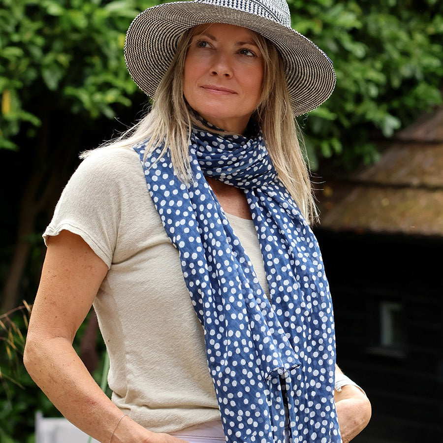 POM Navy Blue Polka Dot Scarf with Tassels