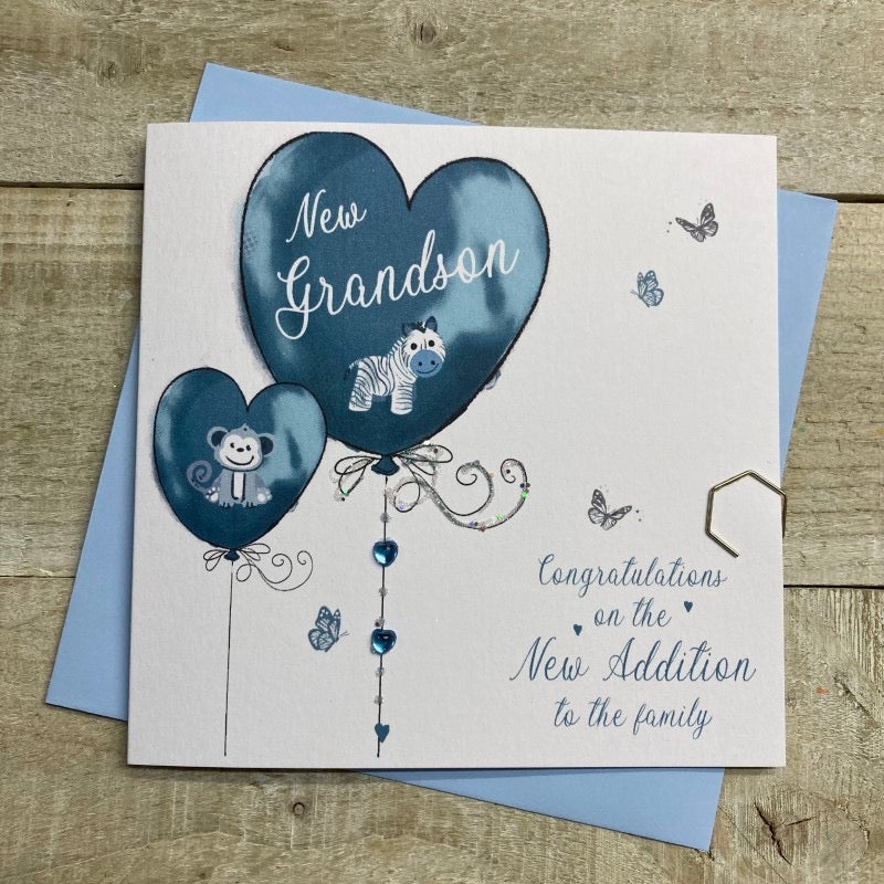 New Grandson Baby Birth Balloons & Animals Card - White Cotton Cards
