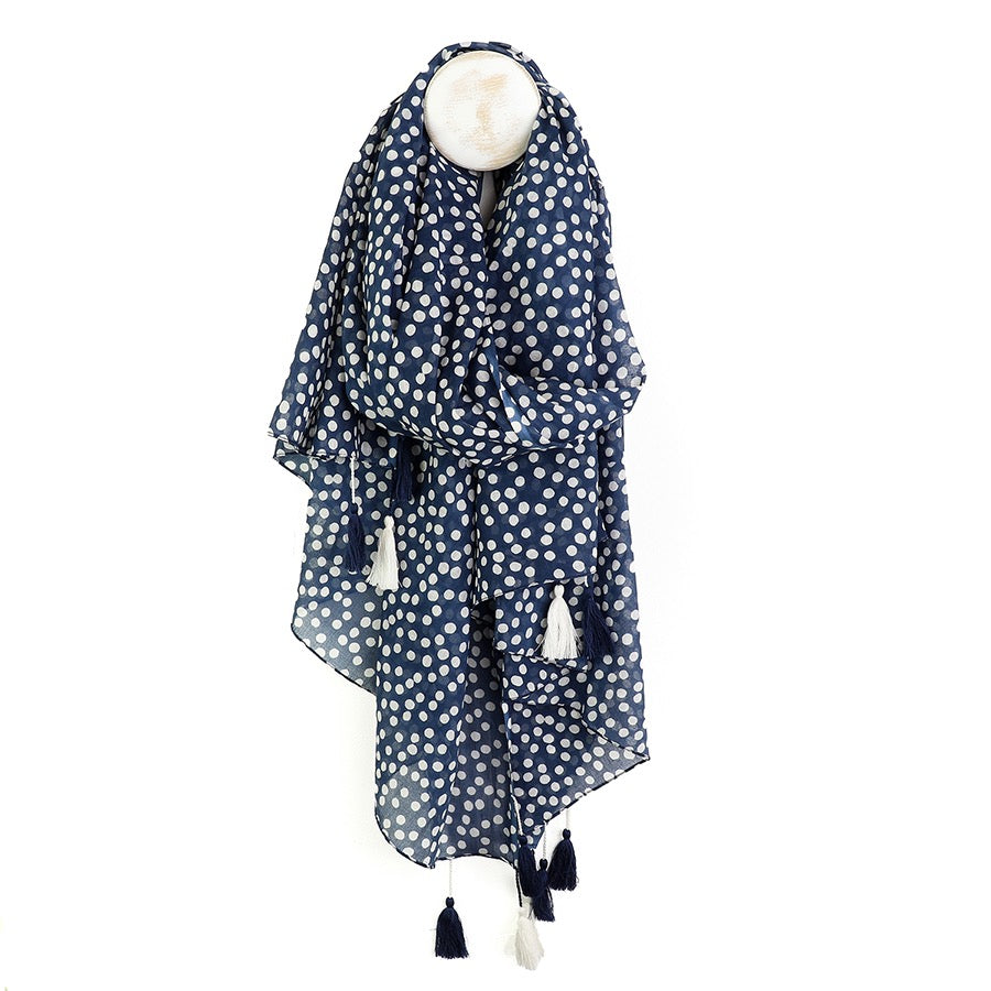 POM Navy Blue Polka Dot Scarf with Tassels
