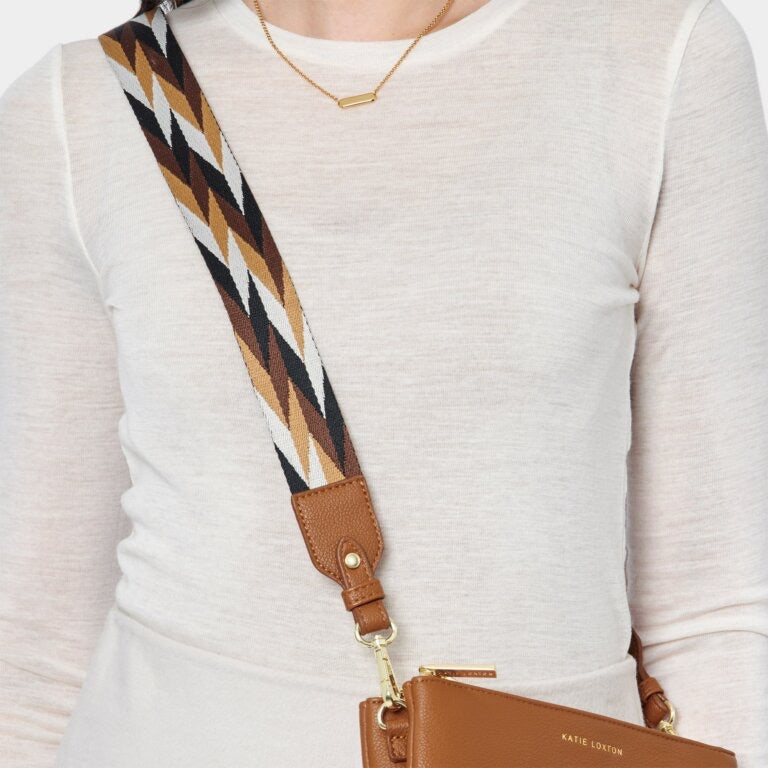 Katie Loxton Canvas Bag Strap - Geometric Print- Cognac Tan