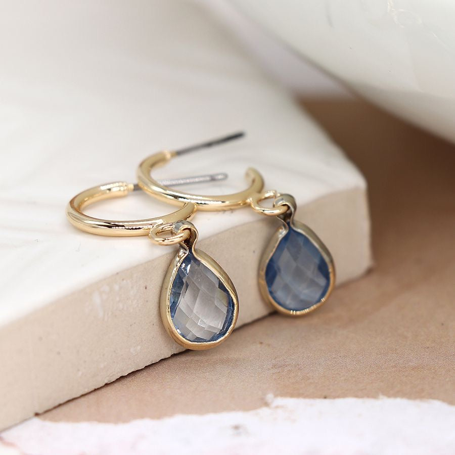 POM Gold Plated Hoop Earrings with Blue Crystal Teardrop Charms