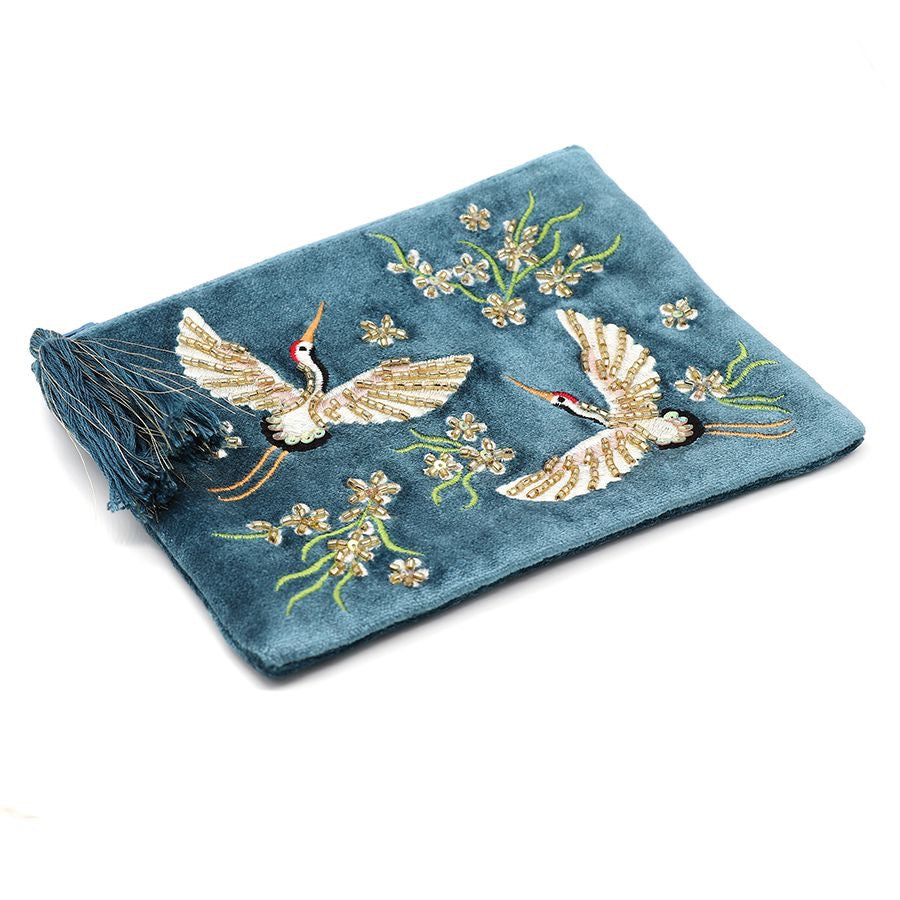 POM Blue Flying Cranes & Florals Velvet Embroidered Tassel Pouch