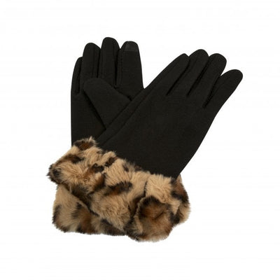 Park Lane Leopard Faux Fur Cuff Suede Gloves - Black with Leopard Tan/Brown