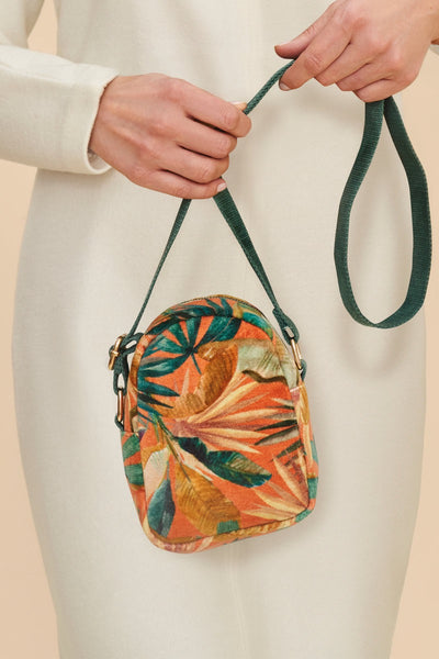 Powder Painted Palms Velvet Small Crossbody Bag - Tangerine