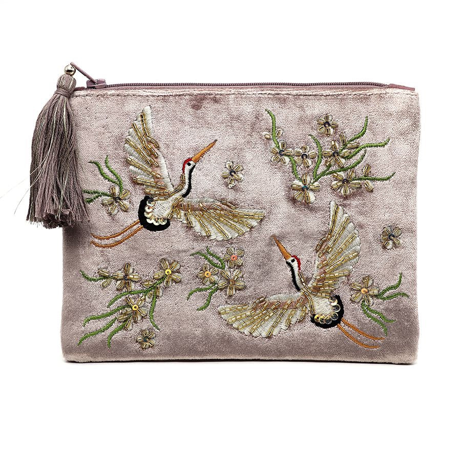 POM Mink Flying Cranes &amp; Florals Velvet Embroidered Tassel Pouch