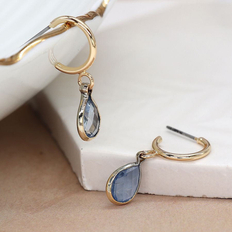 POM Gold Plated Hoop Earrings with Blue Crystal Teardrop Charms