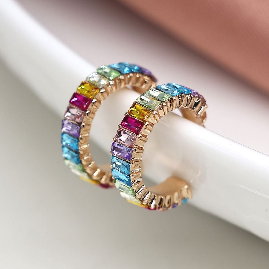 POM Faux Gold Plated Rainbow Oblong Crystal Hoop Earrings