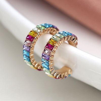 POM Faux Gold Plated Rainbow Oblong Crystal Hoop Earrings