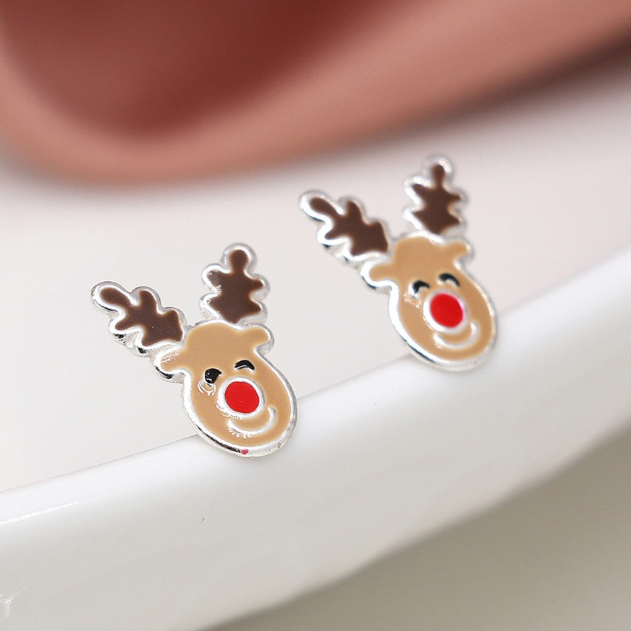 POM Sterling Silver Enamel Reindeer Christmas Stud Earrings