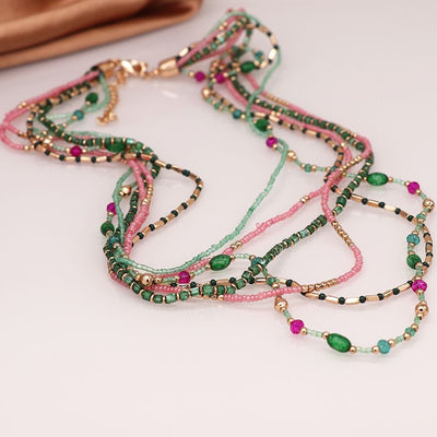 POM Boho Multi Strand Beaded Necklace -Pink/Green/Gold