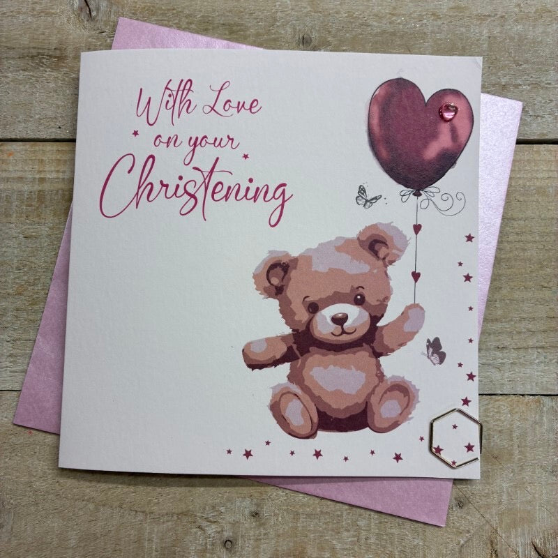 Love On Your Christening - Pink Teddy Bear Card - White Cotton