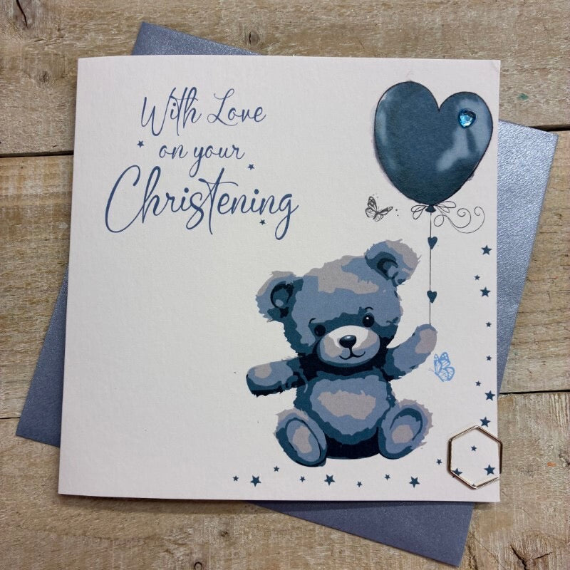 Love On Your Christening Card Blue Bear - White Cotton