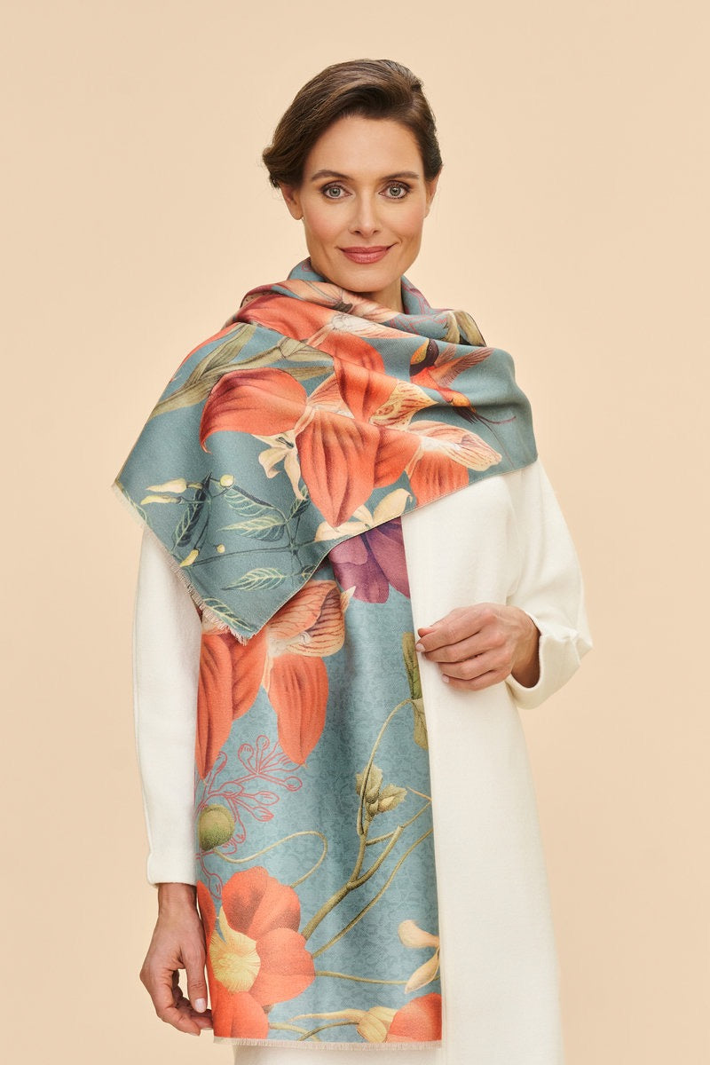 Powder Hummingbird at Dusk Luxury Print Scarf- Denim Blue