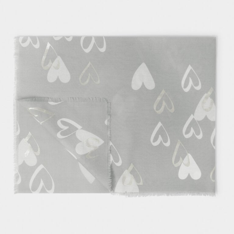 Katie Loxton Foil Print Scarf - Heart - Pale Grey/White/Silver