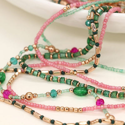 POM Boho Multi Strand Beaded Necklace -Pink/Green/Gold