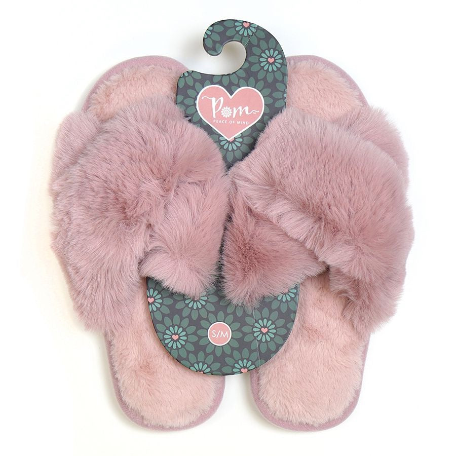 POM Pink Faux Fur Cross Over Luxury Slippers
