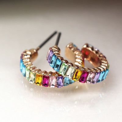 POM Faux Gold Plated Rainbow Oblong Crystal Hoop Earrings