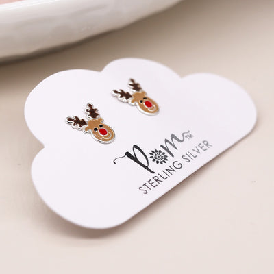 POM Sterling Silver Enamel Reindeer Christmas Stud Earrings