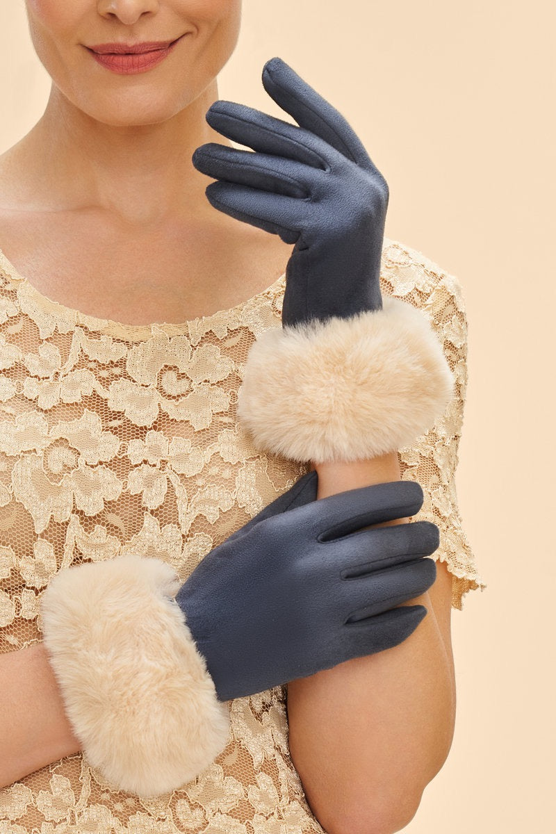 Powder Bettina Faux Fur & Suede Gloves - Navy Blue/Cream