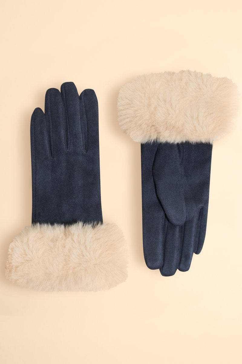 Powder Bettina Faux Fur & Suede Gloves - Navy Blue/Cream