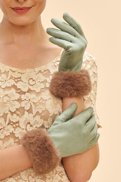 Powder Bettina Faux Fur & Suede Gloves - Sage Green/Teddy