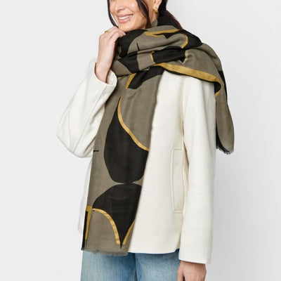 Katie Loxton Foil Print Scarf - Geometric Arch - Khaki Green/Black/Gold