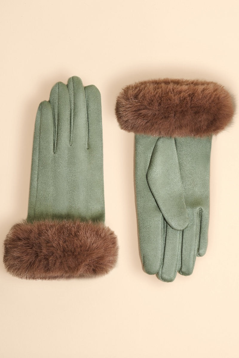 Powder Bettina Faux Fur & Suede Gloves - Sage Green/Teddy