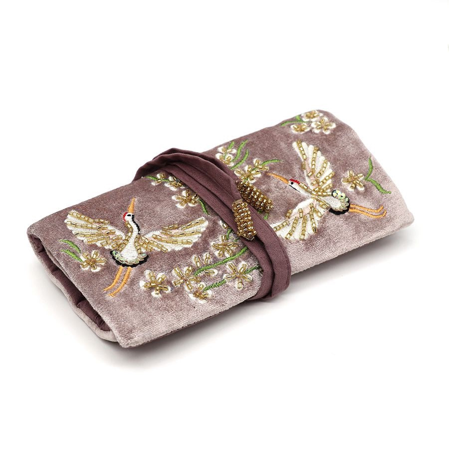 POM Mink Flying Cranes &amp; Florals Velvet Embroidered Jewellery Roll