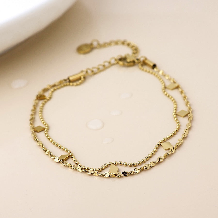 POM WATERPROOF Gold Plated Layered Chains with Diamond Mini Charms Bracelet