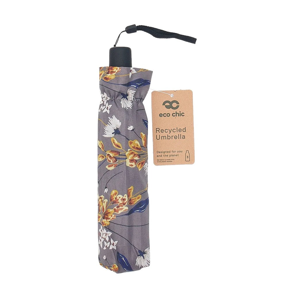 Eco Chic Foldable Mini Umbrella -Flowers Print - Grey