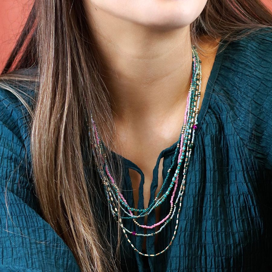 POM Boho Multi Strand Beaded Necklace -Pink/Green/Gold