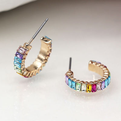 POM Faux Gold Plated Rainbow Oblong Crystal Hoop Earrings