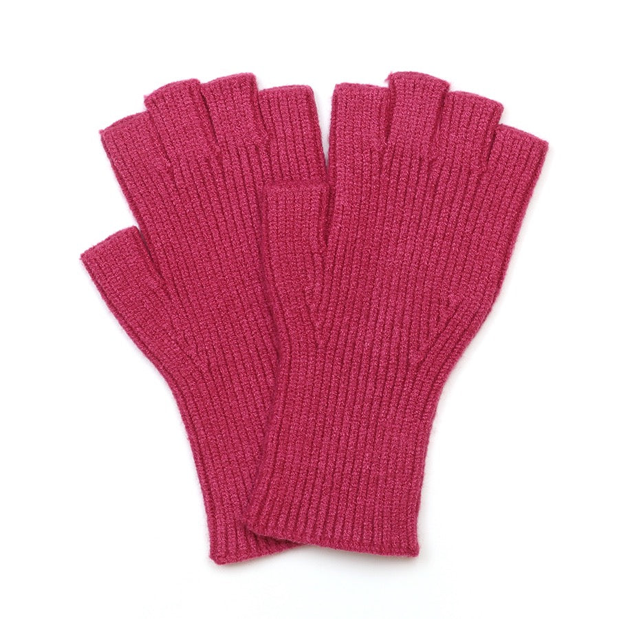POM - Yasmin - Fine Rib Knit Plain Fingerless Gloves - Bright Pink