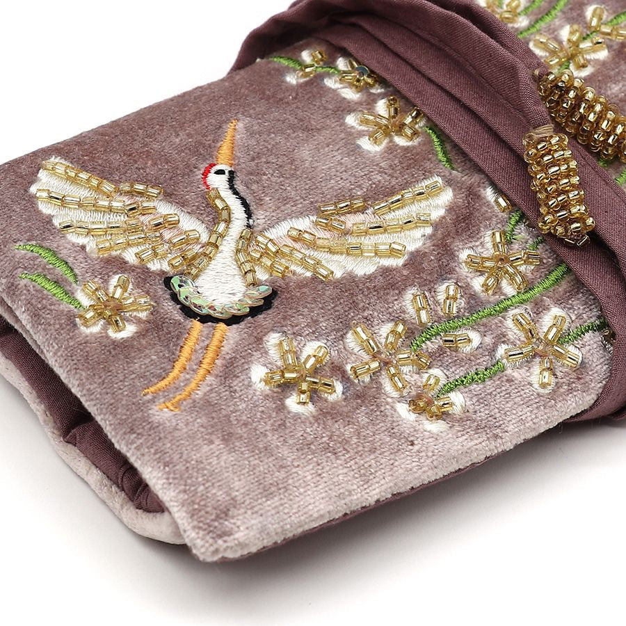 POM Mink Flying Cranes &amp; Florals Velvet Embroidered Jewellery Roll