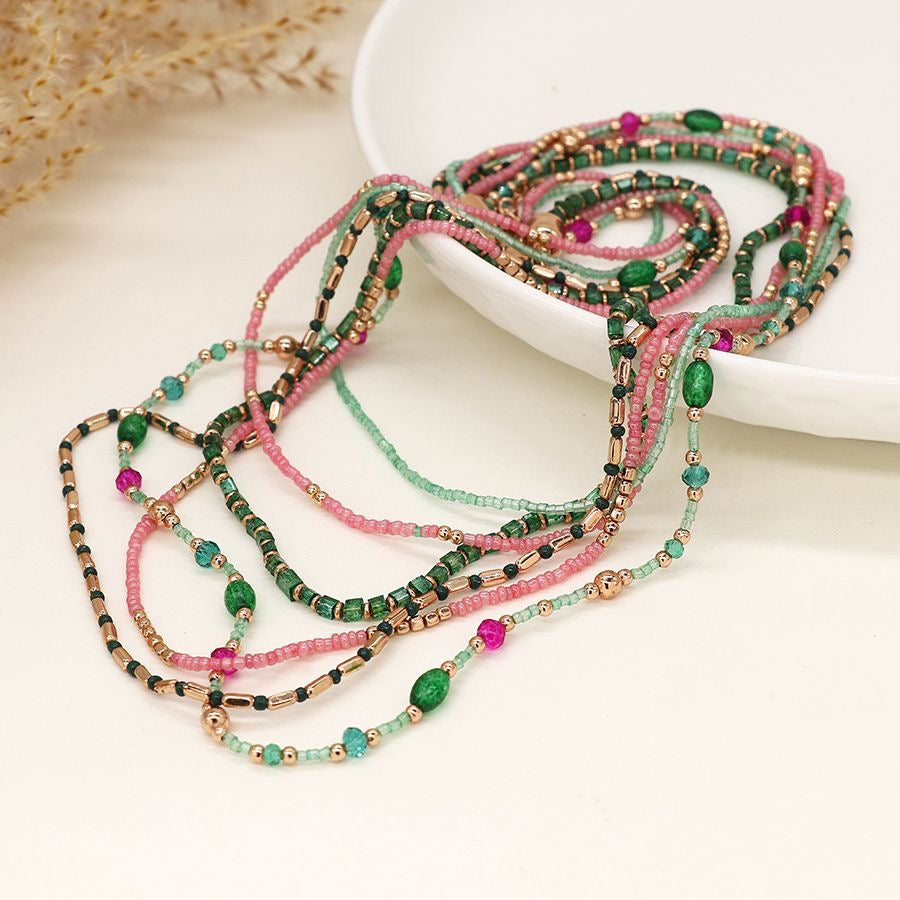 POM Boho Multi Strand Beaded Necklace -Pink/Green/Gold