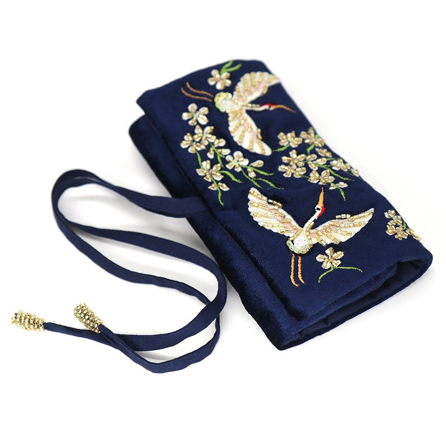 POM Navy Velvet Jewellery Roll with Crane & Floral Embroidered Print