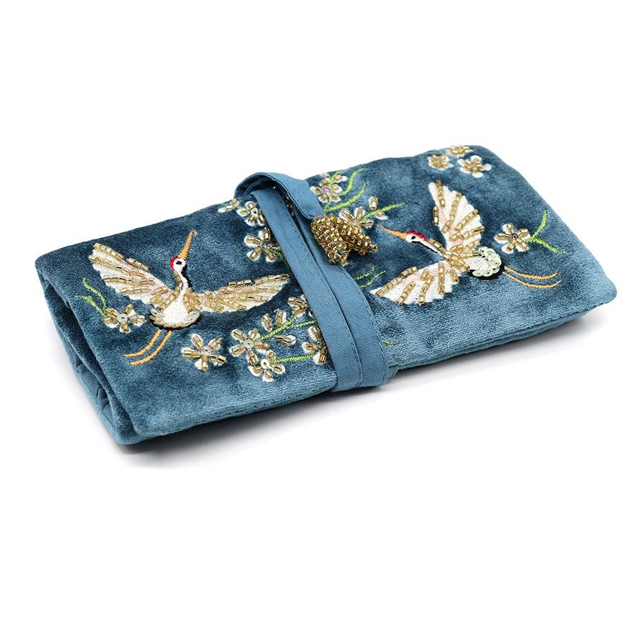 POM Mid-Blue Flying Cranes &amp; Florals Velvet Embroidered Jewellery Roll