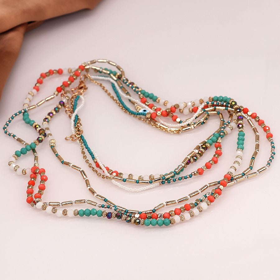 POM Boho Multi Strand Long Beaded Necklace -Coral/Turquoise/Gold