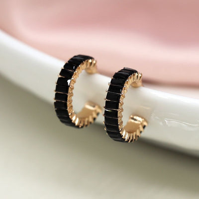 POM Faux Gold Plated Black Oblong Crystal Hoop Earrings