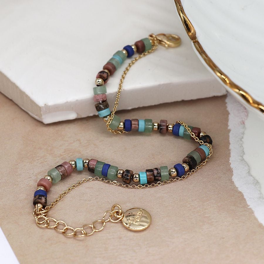 POM Blue Multi Coloured Rondelle & Gold Chain Double Strand Bracelet