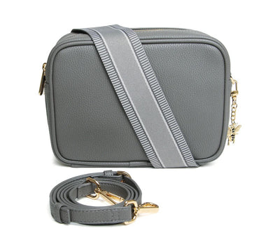 Alice Wheeler Slate Grey Soho Double Zipped Crossbody Bag with Stripe Bag Strap