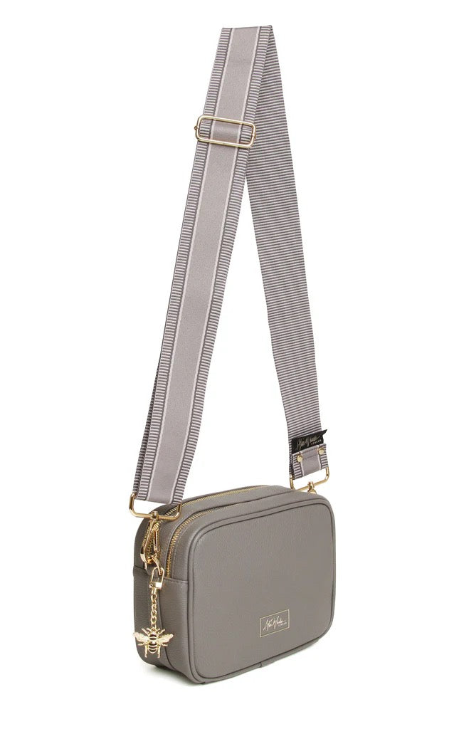 Alice Wheeler Slate Grey Soho Double Zipped Crossbody Bag with Stripe Bag Strap